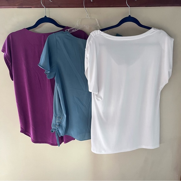 Bundle three short sleeve blouses. Purple, sage, off-white, L - Picture 2 of 15